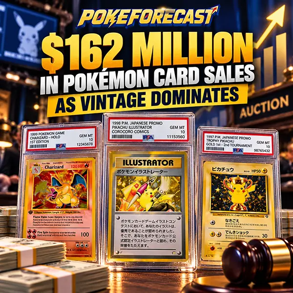 Rare vintage Pokémon cards in PSA-graded cases representing $162 million in reported high-value Pokémon card transactions in 2026.
