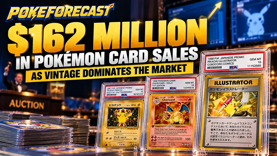 Rare vintage Pokemon cards in PSA-graded cases representing $162 million in reported high-value Pokemon card transactions in 2026.
