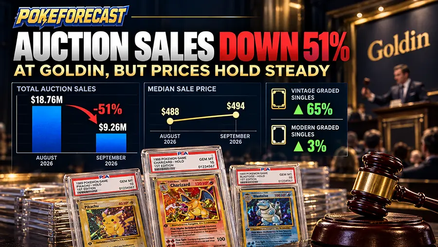 PokeForecast graphic showing a 51% drop in Goldin Pokemon auction sales from $18.76 million in August to $9.26 million in September 2026, while median sale prices rose slightly from $488 to $494. Graded Pokemon cards and an auction gavel appear in the foreground.