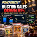 PokeForecast graphic showing a 51% drop in Goldin Pokemon auction sales from $18.76 million in August to $9.26 million in September 2026, while median sale prices rose slightly from $488 to $494. Graded Pokemon cards and an auction gavel appear in the foreground.