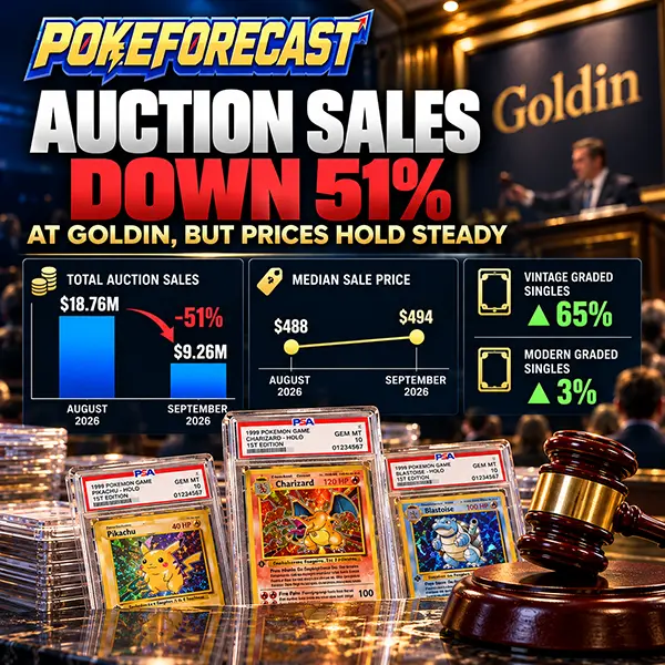 PokeForecast graphic showing a 51% drop in Goldin Pokémon auction sales from $18.76 million in August to $9.26 million in September 2026, while median sale prices rose slightly from $488 to $494. Graded Pokémon cards and an auction gavel appear in the foreground.