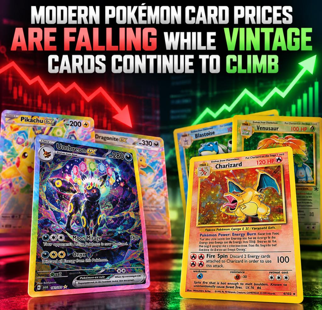 Modern Pokémon card prices decline as vintage cards rise, illustrating the growing divide in the Pokémon TCG market in October 2026.