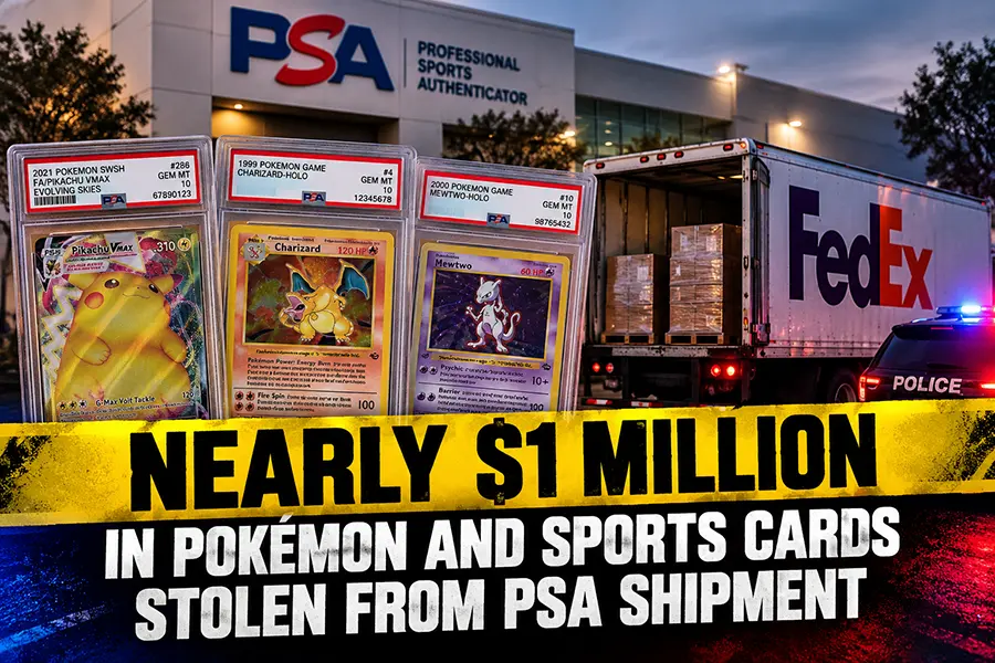 PSA-graded Pokemon and sports trading cards involved in a nearly $1 million FedEx shipment theft in Santa Ana, California.