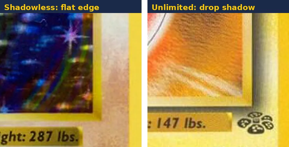 Bottom right corner of the artwork box on a Shadowless Base Set Machamp (flat edge) next to an Unlimited Jungle Electrode (drop shadow).