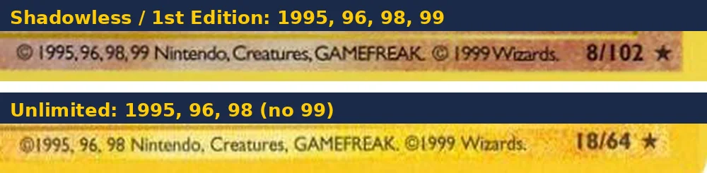 Copyright line on a Shadowless card reading 1995, 96, 98, 99 above an Unlimited card reading 1995, 96, 98.