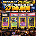 Four vintage Pokemon cards from Skyridge and Expedition in graded slabs, including Gengar, Butterfree, and Umbreon, with a $780,000 auction sales headline and PokeForecast Market Watch branding.