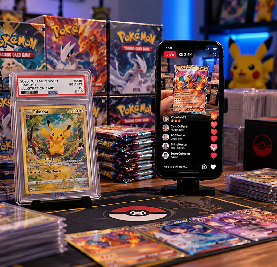 Pokemon trading cards and graded collectibles displayed during a live online card auction.